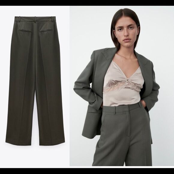 ZARA khaki green high waisted menswear pants Sz L NWT - Picture 3 of 10